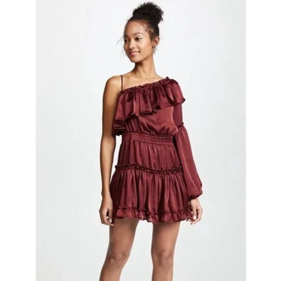 Misa Los Angeles Dresses & Skirts - MISA Los Angeles Lucien Dress Off Shoulder Mini Satin Ruffle Cranberry Sz XS